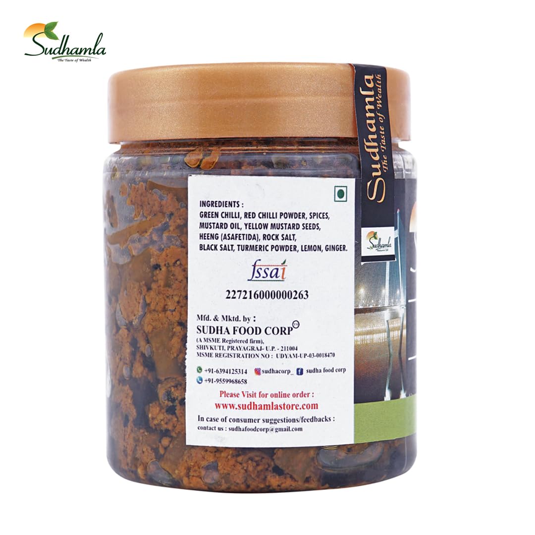 Sudhamla Spicy Green Chilli Pickle - 100 gm | Homemade Hari Mirch Ka Achar | Mustard Oil Base, Sun-Dried Mirchi | No Artificial Preservatives or Flavors | Traditional Recipe, Less Oil, Fresh and Tasty 1