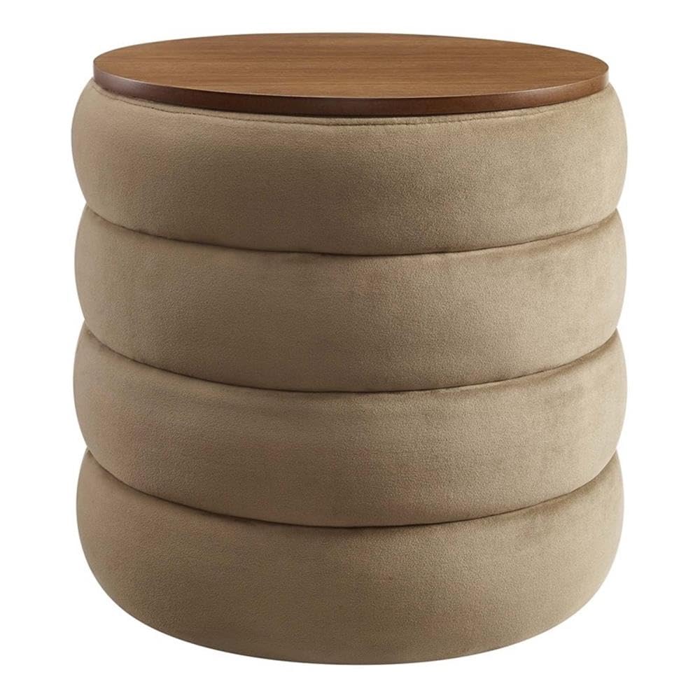 Modway Mezzo Round Performance Velvet Storage Ottoman Stool in Taupe - Channel Tufted Ottoman - Upholstered Footrest - Versatile End or Side Table