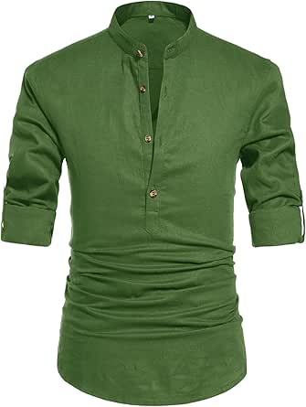 NITAGUT Men Henley Neck Long Sleeve Daily Look Linen Shirts