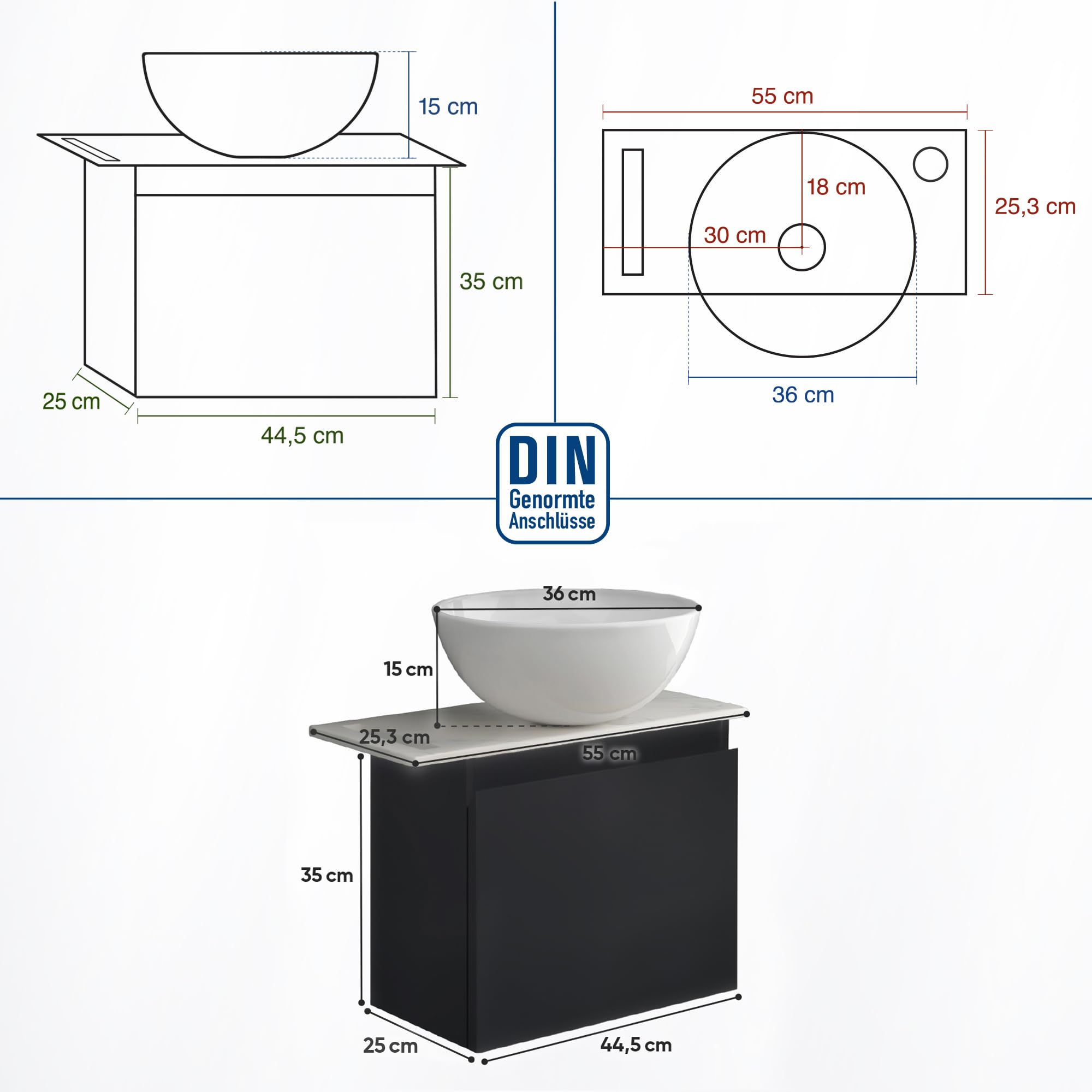 Alpenberger Aufsatzwaschbecken mit Unterschrank Klein, Badmöbel Set Schwarz für Bad & Gäste-WC, kleines rundes Waschbecken mit Waschbeckenunterschrank, Einzelschrank