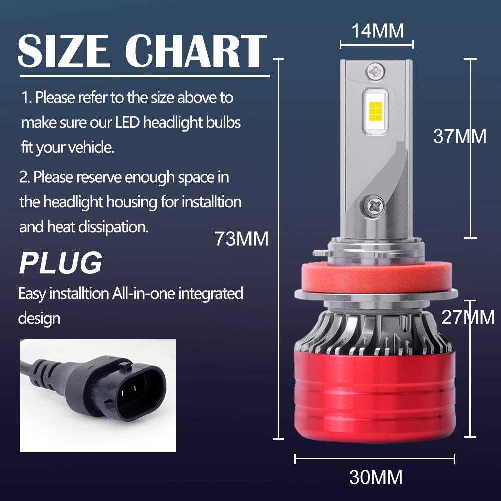 1 para mini rozmiar H8 H9 H11 100 W 2000 lm DOB chipy LED zestaw 6500 K wodoodporne przednie światło przednie samochodu (H8 H9 H11)