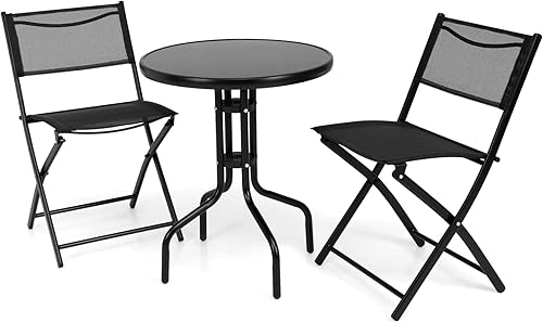 S AFSTAR Juego de 3 piezas para patio al aire libre, jardín, parque, mesa redonda con 2 sillas plegables, juego de muebles de patio (negro clásico)