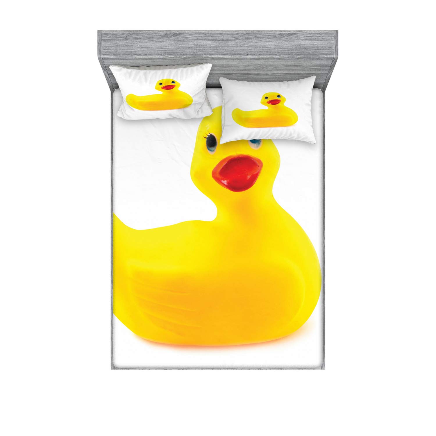 Ambesonne Rubber Duck Fitted Sheet & Pillow Sham Set, Yellow Squeak Ducky Toy Fun Bubble Bath Animal Kids Room Duckling Print, Decorative Printed 3 Piece Bedding Decor Set, King, White Yellow