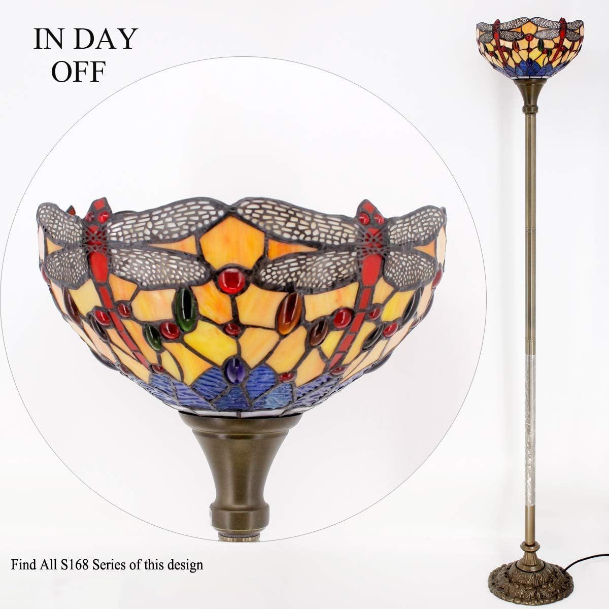 WERFACTORY Tiffany Floor Lamp Orange Blue Stained Glass Dragonfly Light 12X12X71 Inches Torchiere Standing Corner Torch Uplight Decor Bedroom Living Room Home Office S168 Series