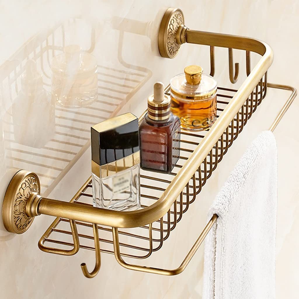 BAHELS Shower Caddy Total Brass Antique Bathroom Shelves with Towel Bar Bathroom Shampoo Holder Bathroom Accessories Bathroom Organizer