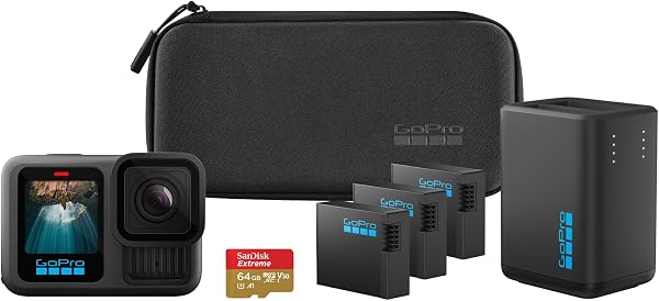 GoPro HERO13 Black Extended Power Bundle - Includes Dual Battery Charger, 3 Enduro Batteries, 64GB microSD Card, Curved Adhesive Mount, and Camera Case - 1