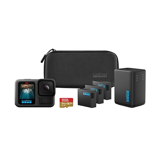 GoPro HERO13 Black Extended Power Bundle - Include caricabatteria doppio, 3 batterie Enduro, scheda microSD da 64 GB, supporto adesivo curvo e custodia per fotocamera