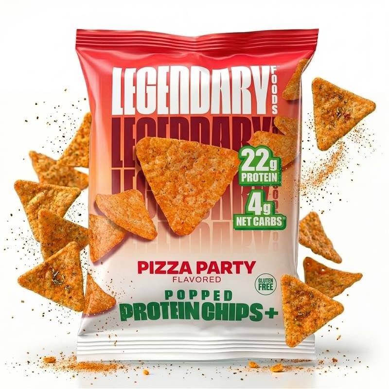 Legendary Foods Pizza Party Protein Chips – Popped Tortilla Style – 22g High Protein, 4g Net Carbs, Low Sugar, Gluten Free, Keto Snack Packs – 10 Count – Healthy Crunchy Chips