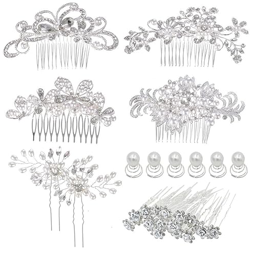 inSowni Paquete de 32 peines laterales plateados para el cabello de boda, en forma de U y torsión, accesorios para novias, perlas de diamantes de