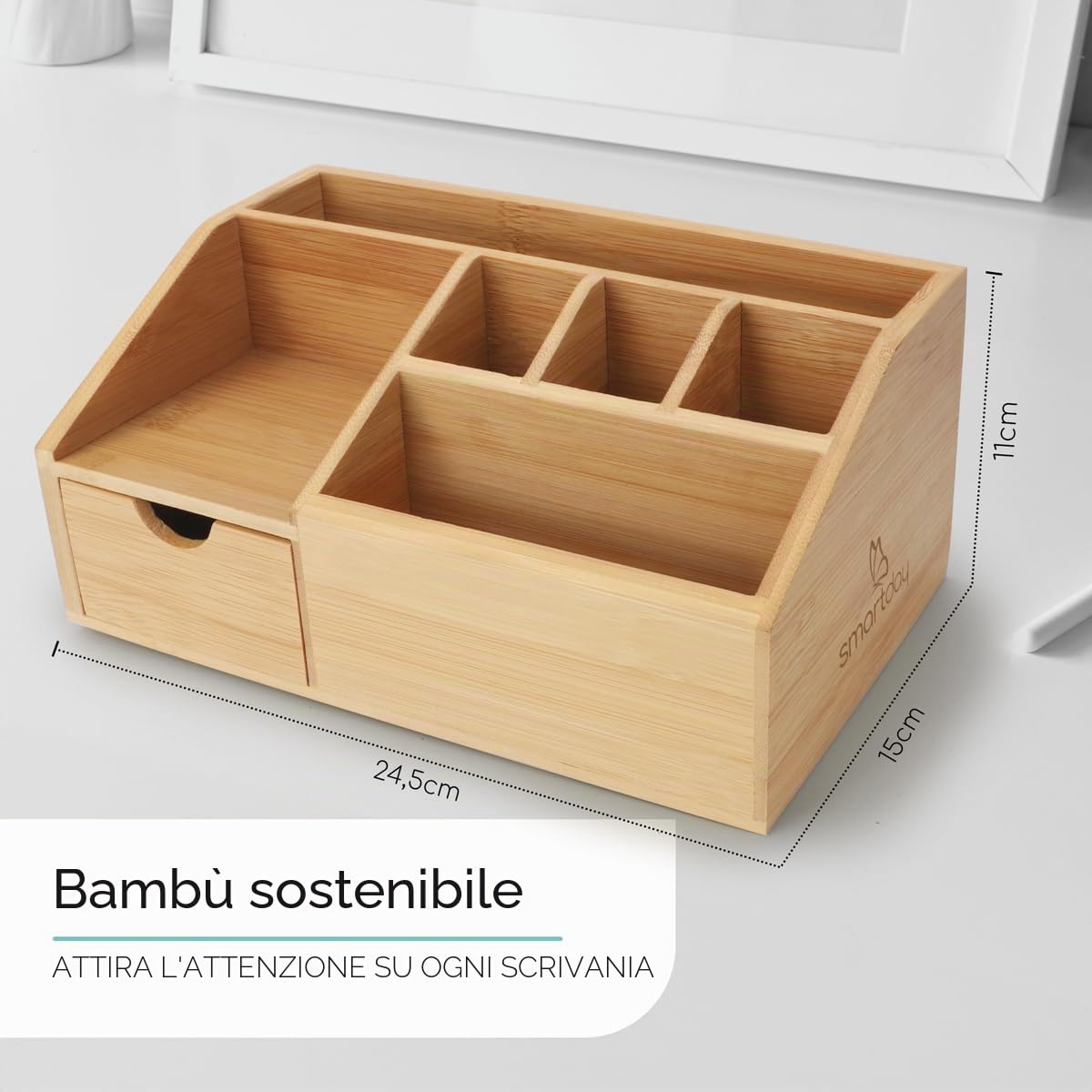 Organizzatore da scrivania in legno con cassetto – portapenne, vassoio da scrivania – organizzazione ufficio, ripiano portapenne in bambù per scrivania, casa ufficio