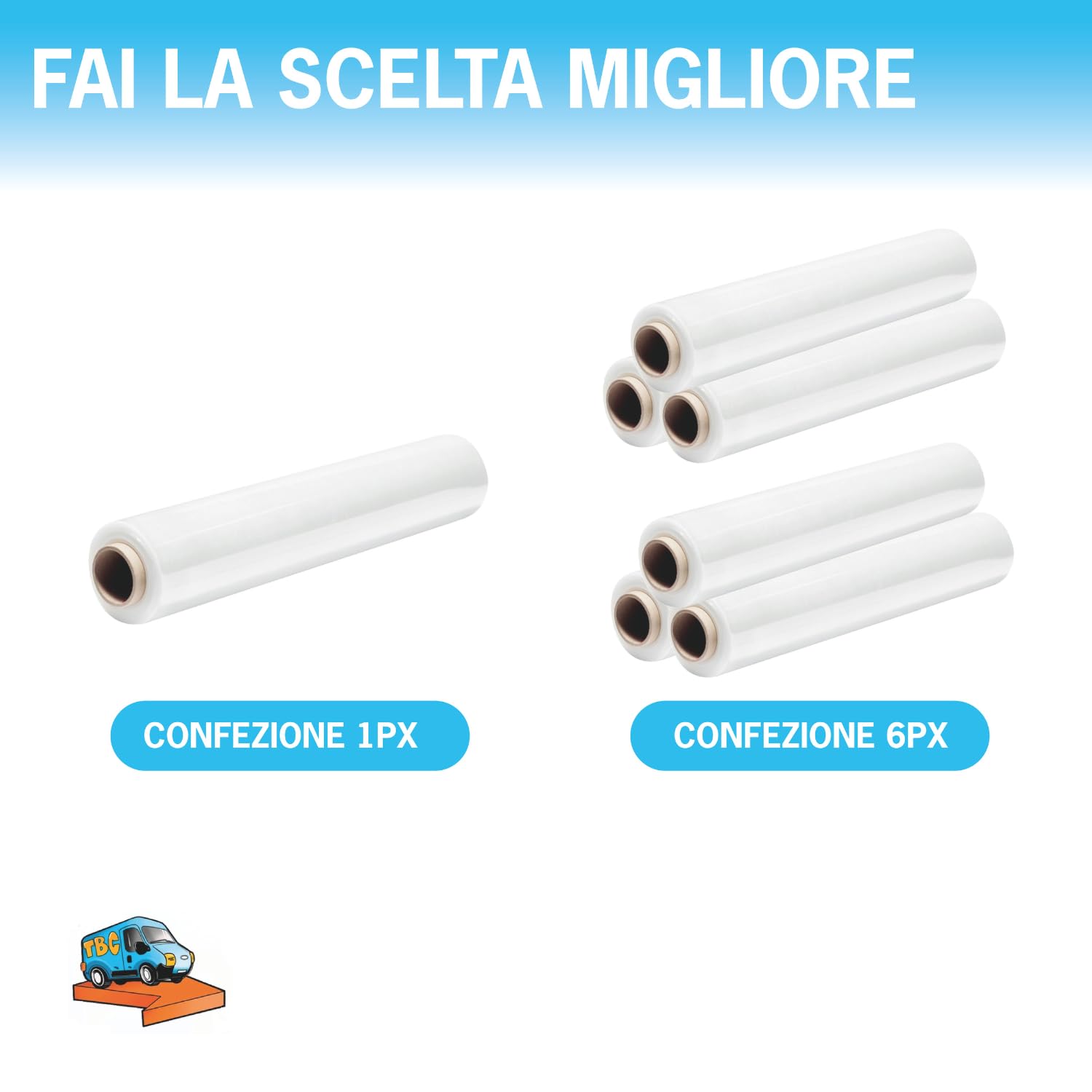 TravelBox 6 Rotoli Film Estensibile Manuale Trasparente, Altezza 50 cm da 2,4 kg, Pellicola Protettiva Spessore 23my per Imballaggio e Protezione Merce (Trasparente 23my, 6 Rotoli)