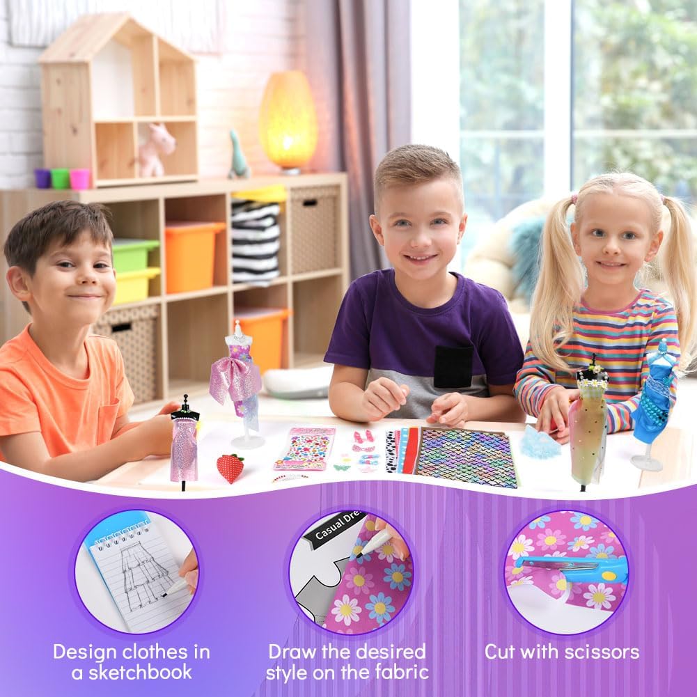 Aomig Modedesign Mädchen, Fashion Designer Studio Bastelset Kinder, DIY Kunst und Bastelset Nähsets Lernspielzeug mit 4 Mannequins, 600PC+ DIY Sewing Crafts Geschenke Mädchen 6-12+ Jahre