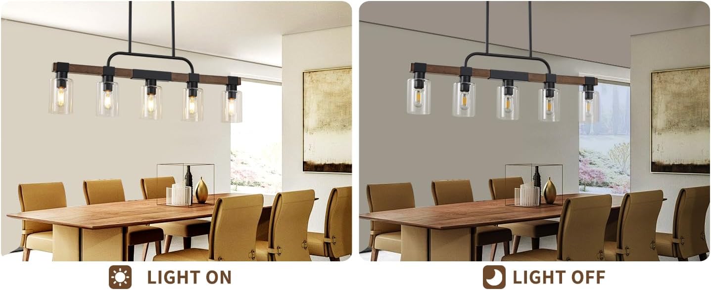 Farmhouse Dining Room Light Fixture ，Rustic Ceiling Pendant Light Fixtures，5-Light Wood Kitchen Island Lighting/Chandelier Over Table,Hanging for Linear Chandeliers,with Clear Glass lampshade
