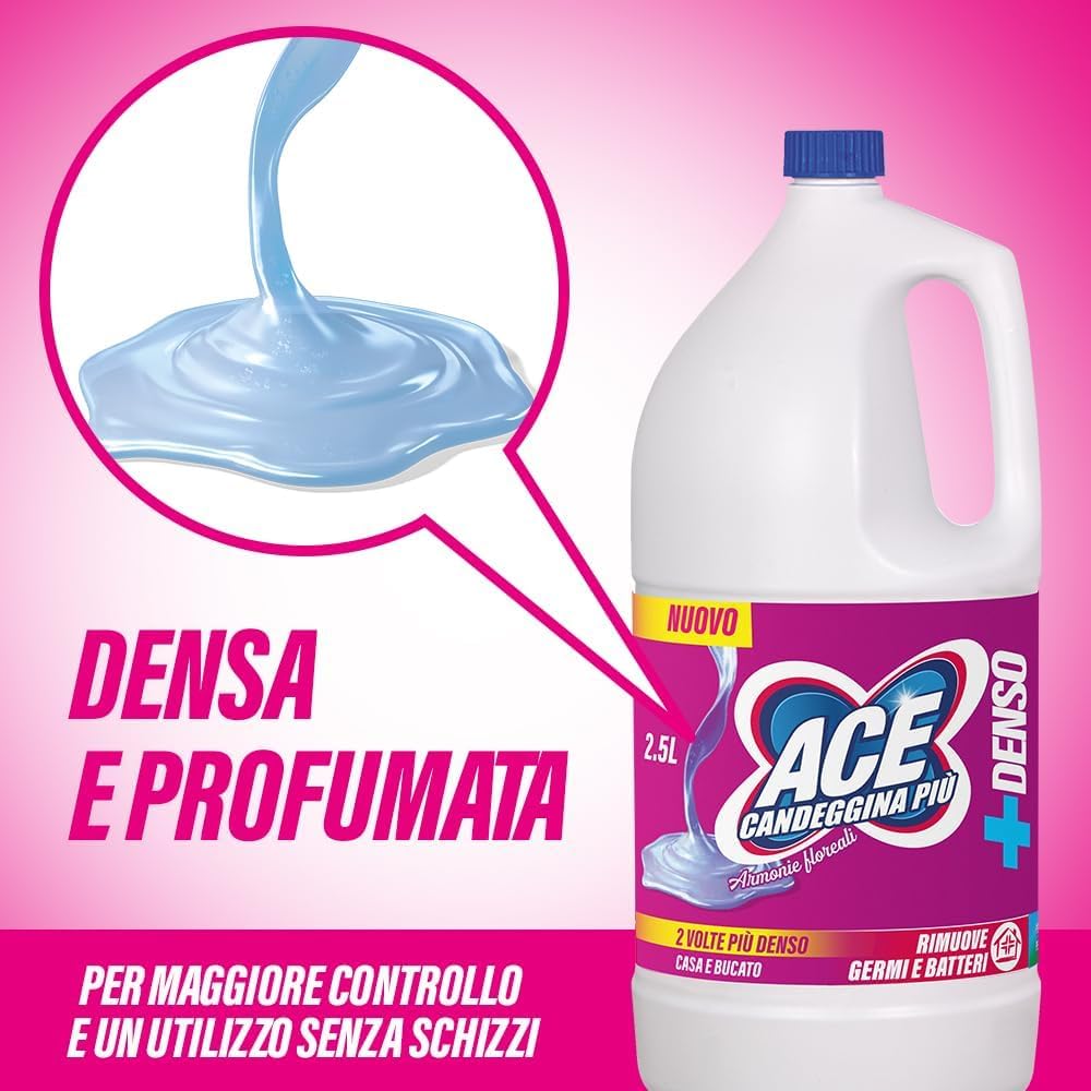 6x Ace Candeggina Più +Denso Armonie Floreali - igienizza superfici e bucato in profondità - Flacone 2,5Lt + Portachiavi Beni Culinari in Omaggio