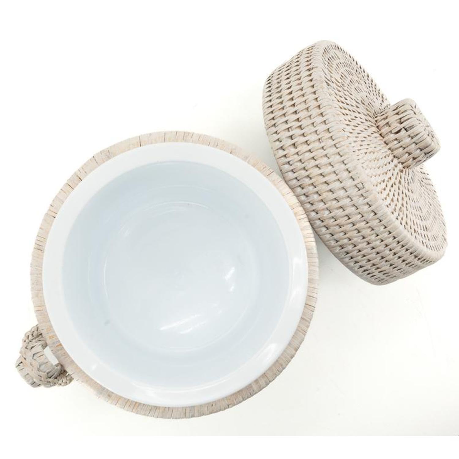 AUBRY GASPARD - Seau à Glace en Rotin avec Pince - Finition Patinée Blanche - Ø 20 cm x Hauteur 25 cm - Seau Amovible en Plastique pour Conserver le Froid - Idéal pour Réceptions et Dîners Conviviaux