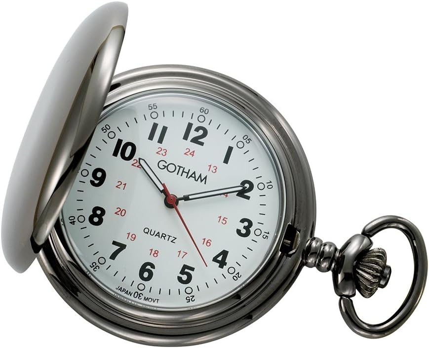 Gotham Men's Gun Metal White Dial Covered Quartz Pocket Watch # GWC15042B