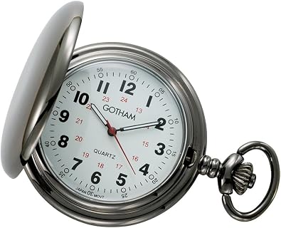 Gotham Mens Gun Metal White Dial Covered Quartz Pocket Watch # GWC15042B