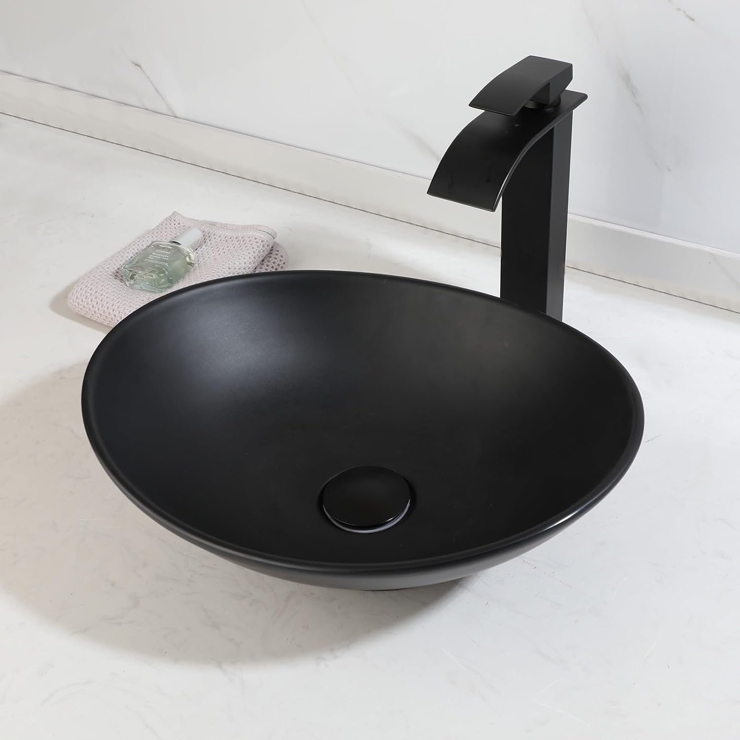 16"x14" Black Stone Resin Vessel Sink Rectangle Bathroom Sink Above Counter, Modern Black Vessel Sink for Bathroom Vanity(No Faucet)