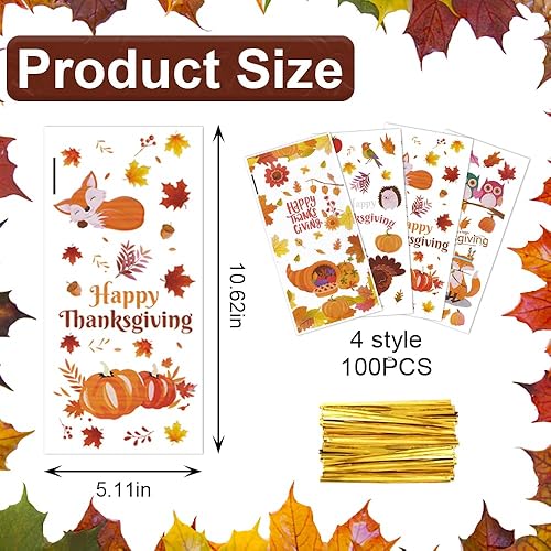 Miniatura 2 de 100 bolsas de celofán de Acción de Gracias, bolsas de celofán de otoño, calabaza, hojas de otoño, pavo, girasol, búho, bolsas de regalo, para fiesta