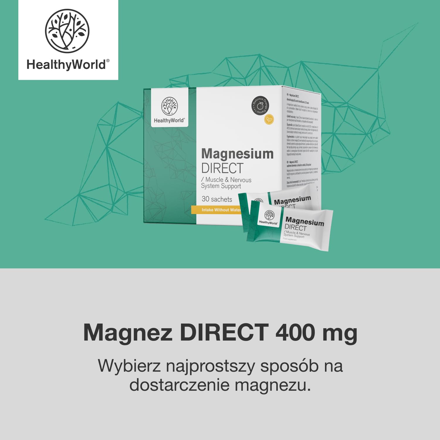 HealthyWorld Magnez DIRECT – 400 mg – Smak pomarańczy – 30 saszetek – Cytrynian + tlenek – Optymalne wchłanianie – Wsparcie dla mięśni i układu nerwowego – Zwiększenie energii
