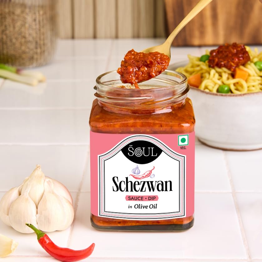 Image of ADF Soul Schezwan Chilli Sauce + Dip Made in 100% Olive Oil | Spicy Indo-Chinese Sauce + Dip with Red Chillies & Garlic | Bold & Fiery Taste | Perfect for Momos & Fried Snacks | 265 g.