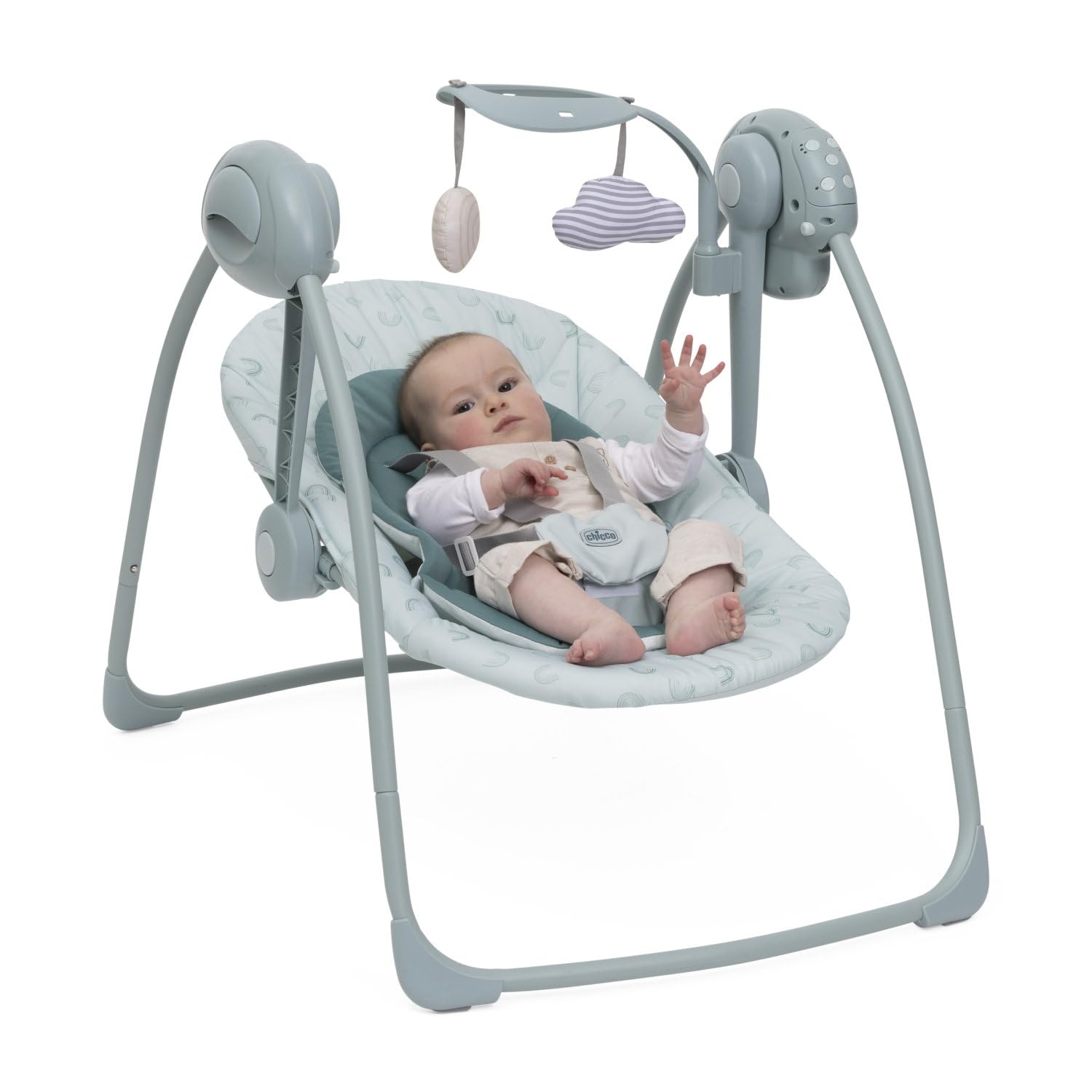 Chicco Swing&Play Altalena Elettrica Neonato 0 Mesi+ (Fino a 9 Kg), 5 Velocità Dondolio, Melodie Rilassanti, Pieghevole, Compatta e Salvaspazio, Schienale 2 Posizioni, 0 Mesi
