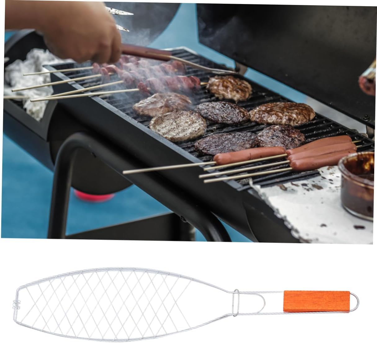 GLEAVI 2 Pcs Fish Barbecue Basket with Wooden Handle, Non-stick Iron Grill Net for Outdoor Camping and Picnic, Bbq Fish Grill Clip Tool