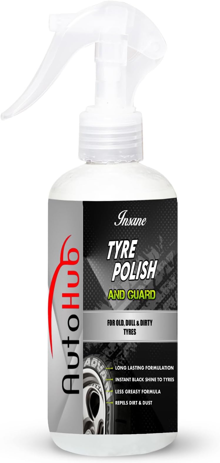 Auto Hub Car & Bike Tyre Polish - 300 ML, Insane Black Tyre Shine, Non-Greasy, Long Lasting & Dirt Repelling, Silicone & Cerium Oxide, Compatible with Rubber Tyres