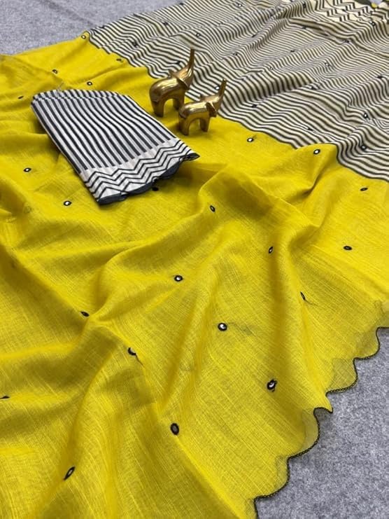 Image of Linen Cotton Saree with Black Mirror Work