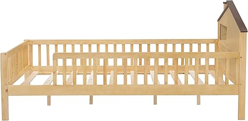 Miniatura 105 de Moderna plataforma de tamaño matrimonial con cabecera de almacenamiento y barandilla de seguridad para niños, plataforma de madera funcional con luz