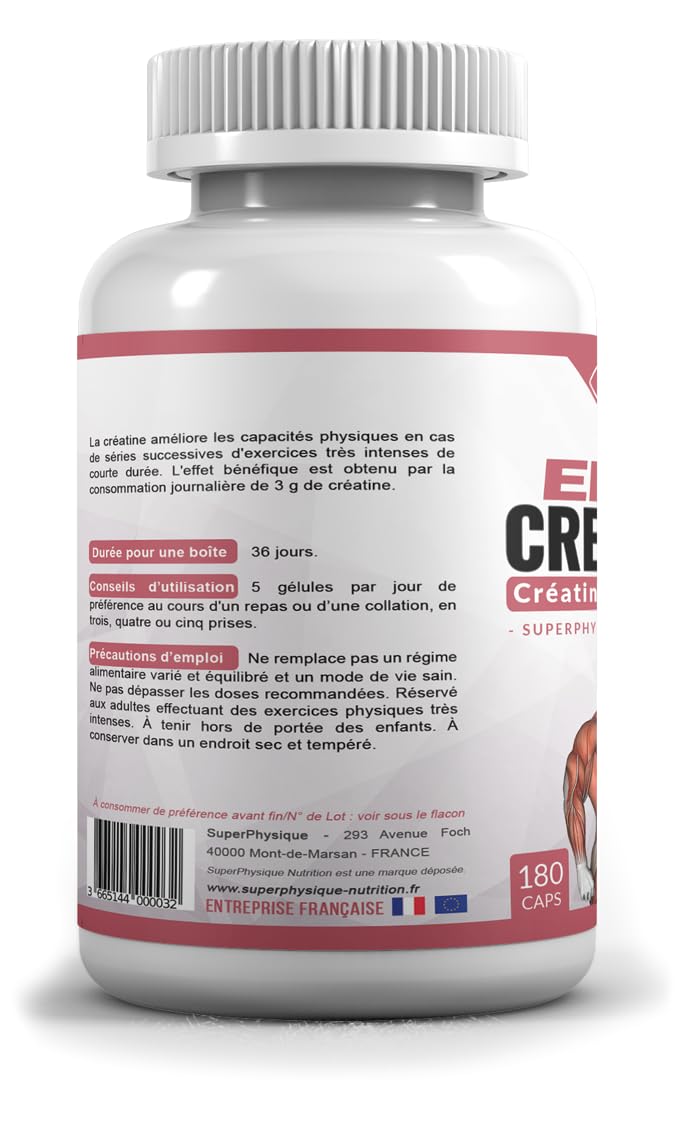 Elite Créatine – 100% Creapure Monohydrate – 180 Gélules Végétales Pullulan – Performance, Force et Puissance Musculaire – Fabriqué en France