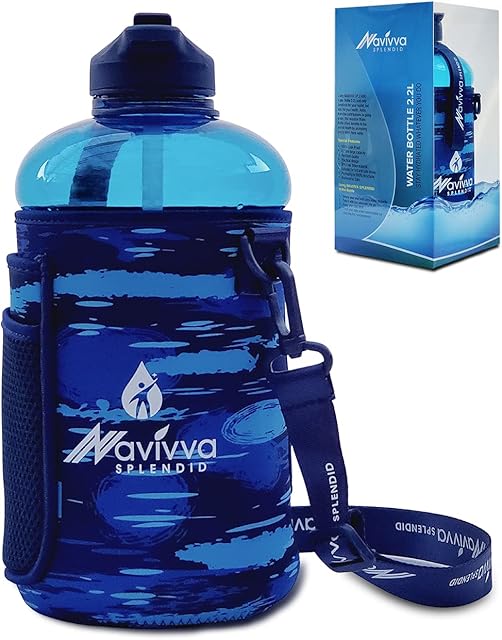 NAVIVVA SPLENDID Large 2L Water Bottle with Neoprene Cover and Straw Lid - Dishwasher Safe, Portable, Eco-friendly with Carry Handle  Huge 2.2 litre Capacity  Refill Once per Day  Great for Sports Gym Fitness & Travel
