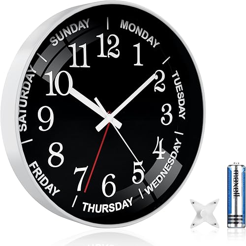 Miniatura 2 de QINFIEY Reloj de pared para el día de la semana de 12 pulgadas, reloj moderno que no hace tictac, funciona con pilas, reloj analógico de día para