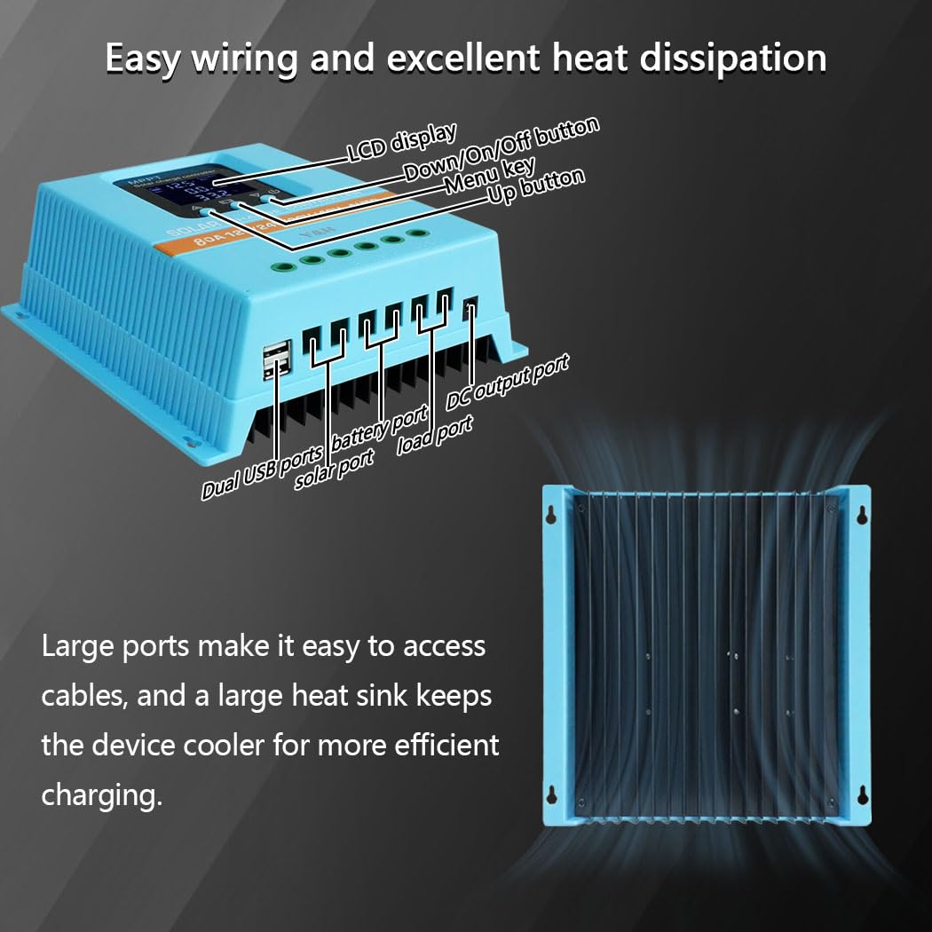 Y&H 80A MPPT Régulateur de charge solaire 12V 24V 36V 48V Écran LCD Batterie Régulateur intelligent Max 100V Entrée double USB pour plomb-acide lithium