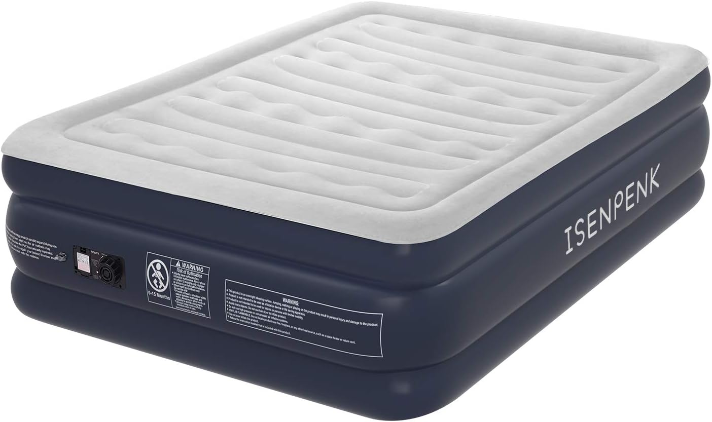 ISENPENK Camping Air Bed, Twin/Queen Size Blow Up Mattress Inflatable Raised Single/Double Airbeds with Built-in Electric Pump, Storage Bag & Repair Kits Included, 22/18/9 inch Height for choice