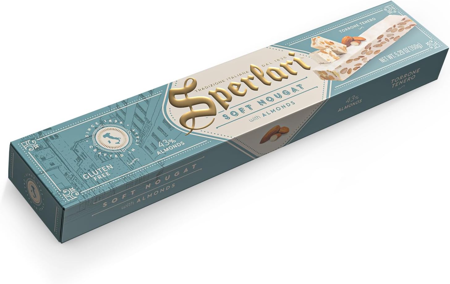 Sperlari Torrone Traditional Italian Candy - Gourmet Soft Nougat With Honey, Vanilla & Crunchy Sliced Almonds - Full Size Imported European Candy Bar - Holiday Dessert - 150 gr / 5.29 oz (Pack of 1)