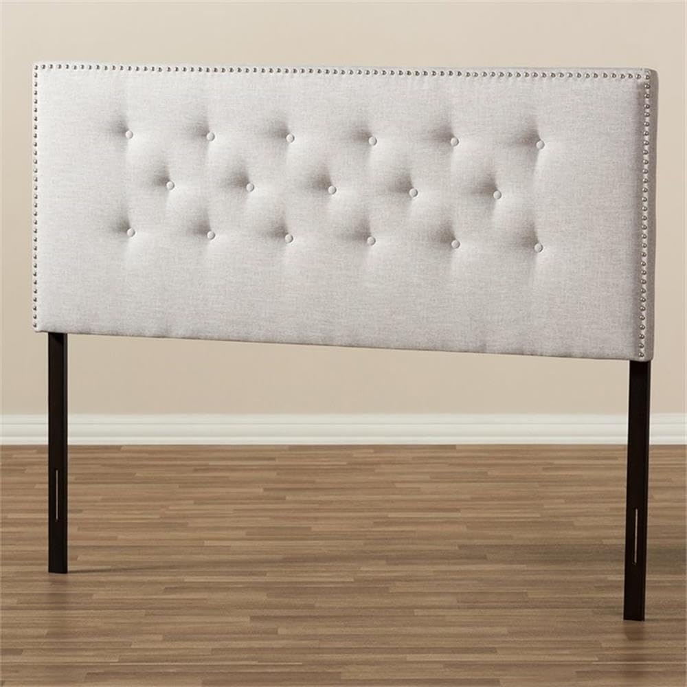 BOWERY HILL Modern Fabric Tufted Queen Panel Headboard, Grayish Beige Finish, Solid Rubber Wood and MDF Frame, Foam Padded Polyester Upholstery, Adjustable Height, Contemporary Bedroom Furniture