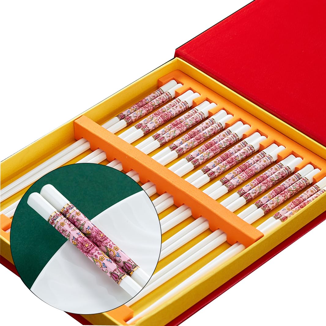 Coffret Cadeau de 10 Paires de Baguettes en Porcelaine Chinoise, réutilisables et lavables au Lave-Vaisselle, avec étui, Baguettes antidérapantes en céramique o(R)