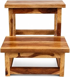 Solid Sheesham Wood Stool for Kitchen Wooden Two Step Ladder Foot Rest Stair for Living Room Kitchen/Library/Store (48x40x37.5 cm Weight Capacity 200 kg)