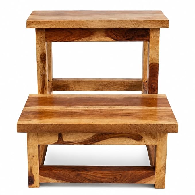 Solid Sheesham Wood Stool for Kitchen Wooden Two Step Ladder Foot Rest Stair for Living Room Kitchen/Library/Store (48x40x37.5 cm Weight Capacity 200 kg)