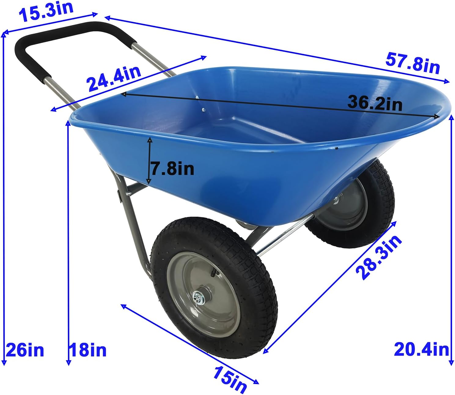 2 Wheel Wheelbarrow, Dual Wheel Barrow with 15 Inch Pneumatic Tires, 300 Pounds Capacity, 5 Cubic Feet, Heavy-Duty Garden Utility Cart for Gardening Tool, Moving Soil, Wood, Gravel (Blue)