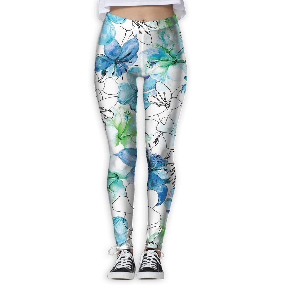 White and Blue Flowers Women Yoga Leggings Slim Workout Gym Leggings