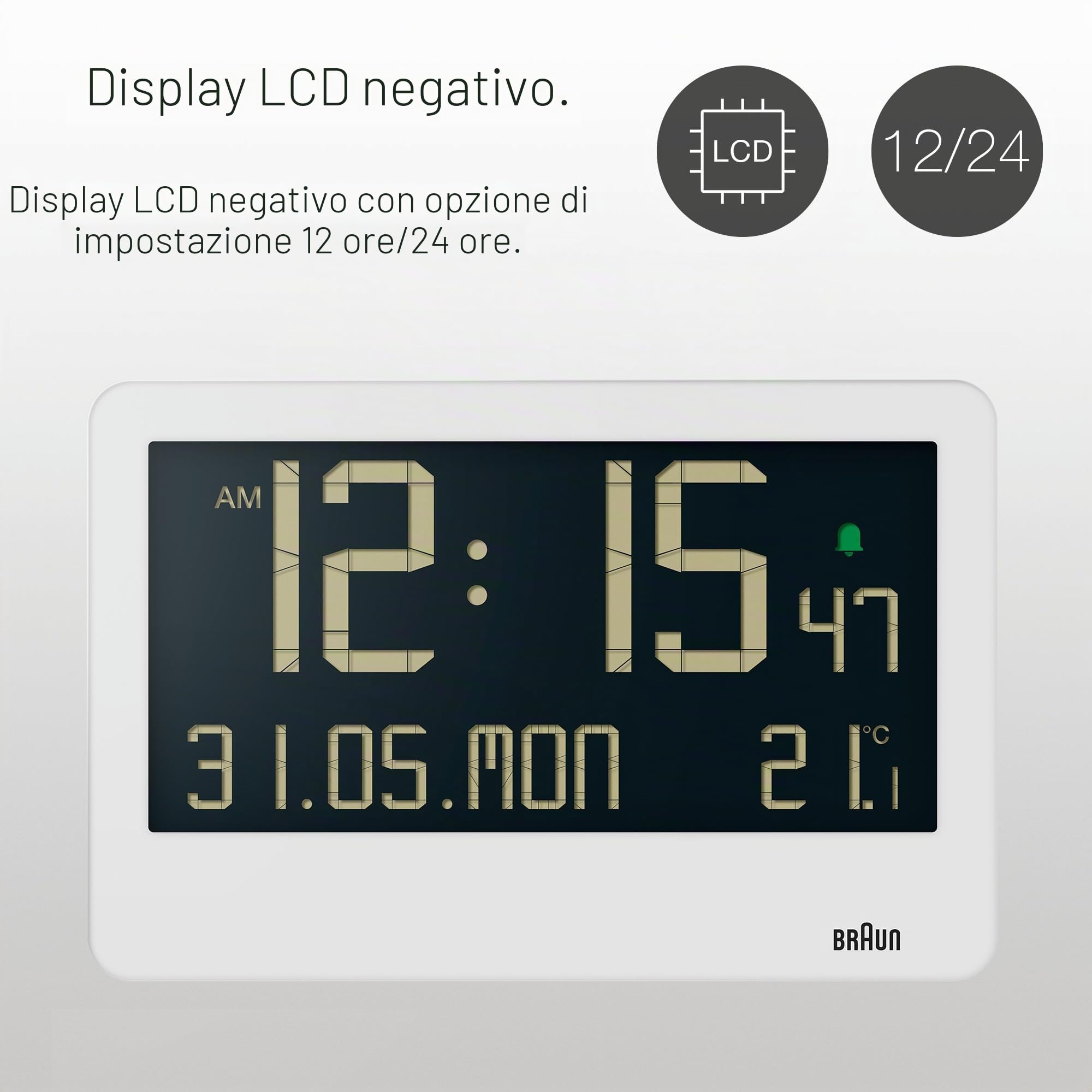 Braun Orologio da parete digitale temperatura interna, data, giorno della settimana, ampio display LCD inverso, impostazione rapida, allarme acustico in bianco, modello BC14W.