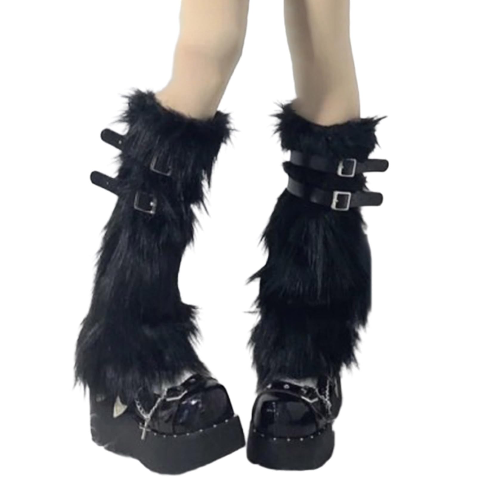 Kobeleen Faux Furs Leg Warmer, Warm Soft Cozy Fuzzy Leg Warmer Boot Cuffs Cover for Women, Party Costumes, Black, One Size