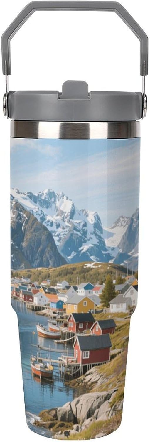 30 Oz Insulated Mug with Handle Lid And Straw Fishing Village And Fjord Pattern Large Metal Sports Bottle Great for Gifts Parties Office Coffee