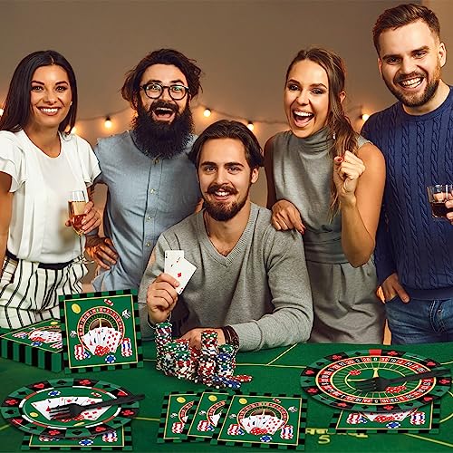 Image of 96 Pieces Casino Themed Party Tableware Set for Las Vegas Birthday Party Decorations Casino Poker Card Birthday Party Dessert Paper Plates Napkins Forks for 24 Guests Poker Card Playing Club Supplies