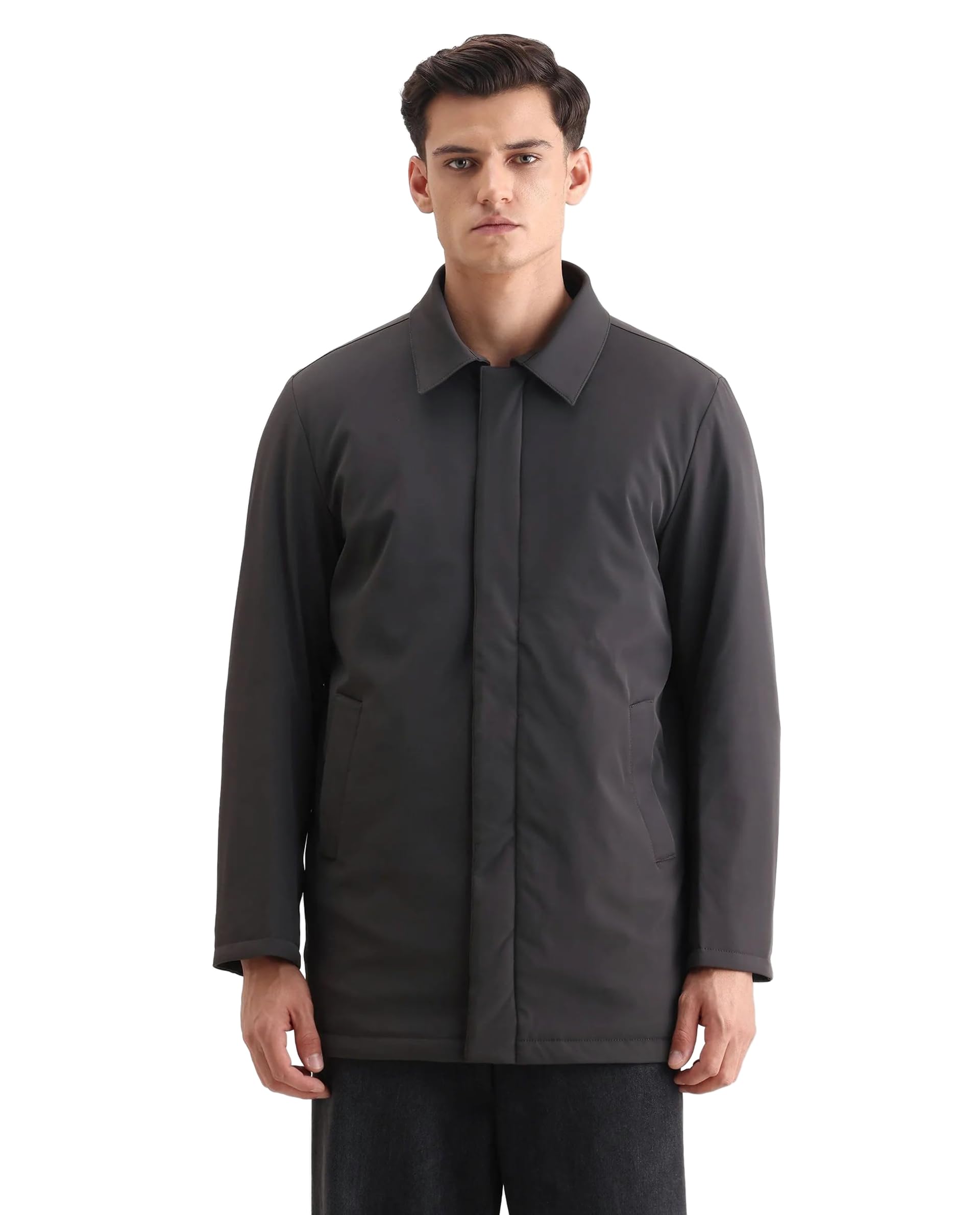 rare rabbit Men's Liem Regular Longline Solid Nylon Blend Stand Collar Coat-picture-25