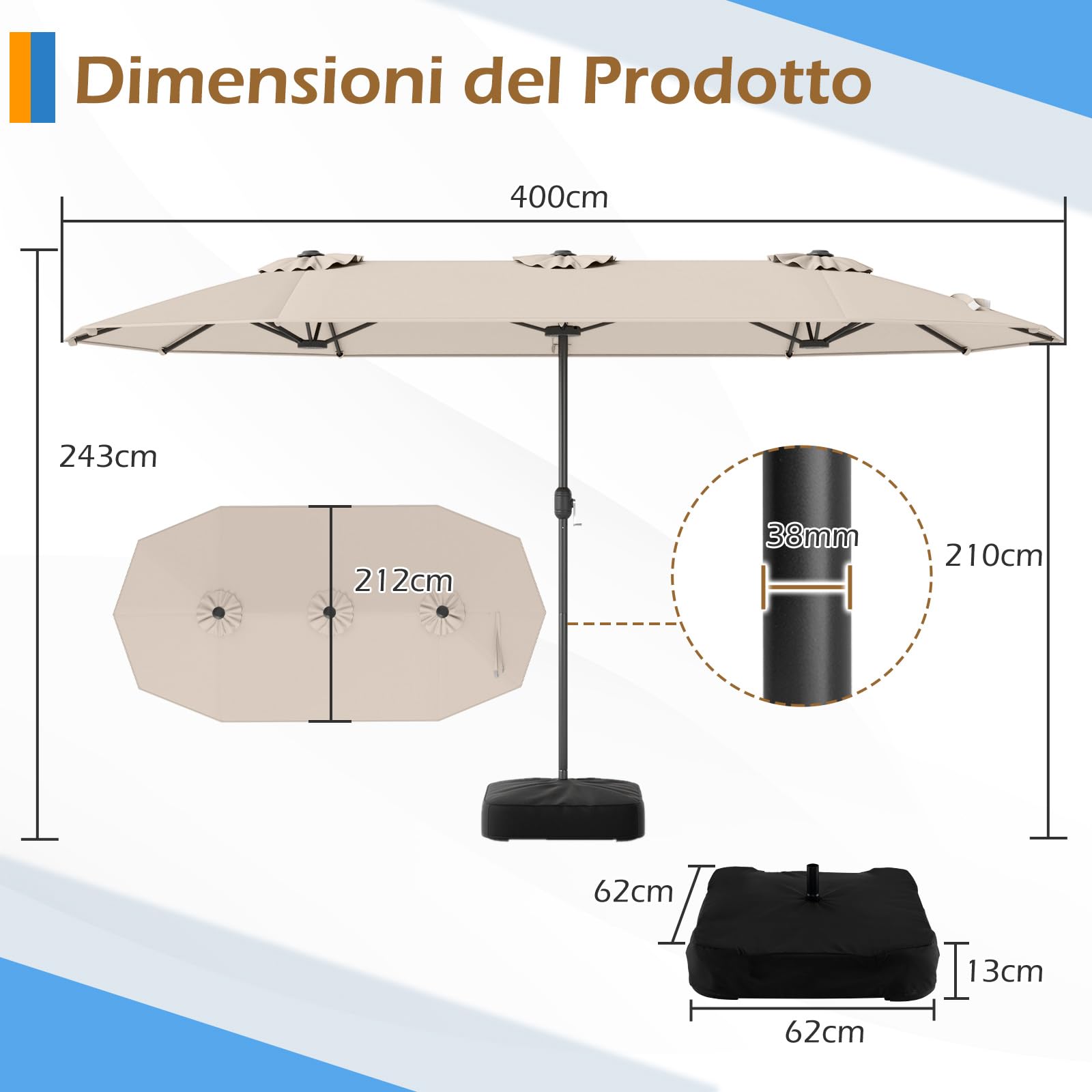 COSTWAY Ombrelloneda Giardino Doppio 400 x 200 cm, Ombrellone Rettangolare con Base, Anti-UV, con Manovella e 12 Stecche, per Giardino Piscina Patio (Beige)