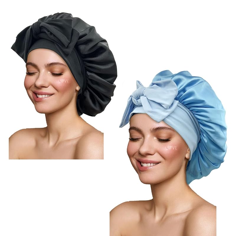 Touca de cetim GiLi com faixa ajustável, preta e azul-celeste, pacote com 2