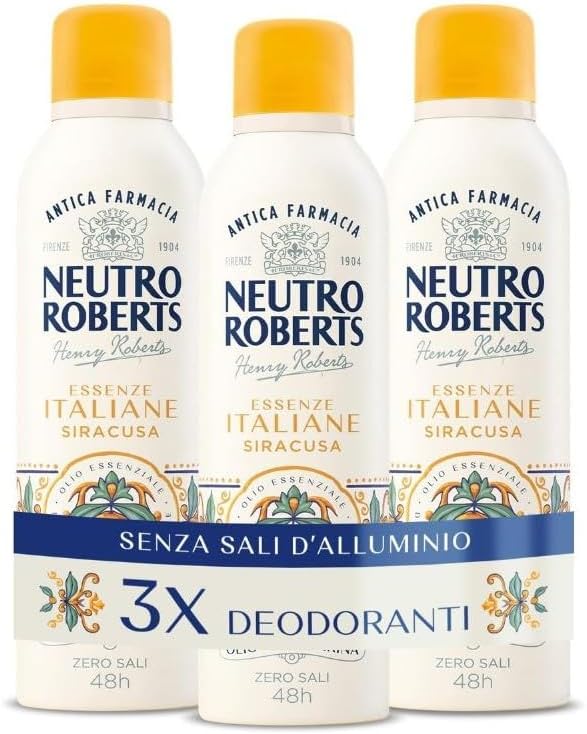 Neutro Roberts, Kit Deodoranti Spray Essenze Italiane Dolomiti, Siracusa e Firenze, Senza Sali di Alluminio, Zero Macchie, Con Puro Olio di Glicerina, Deodorante Donna e Uomo, 48h - 3 Pezzi da 200 ml